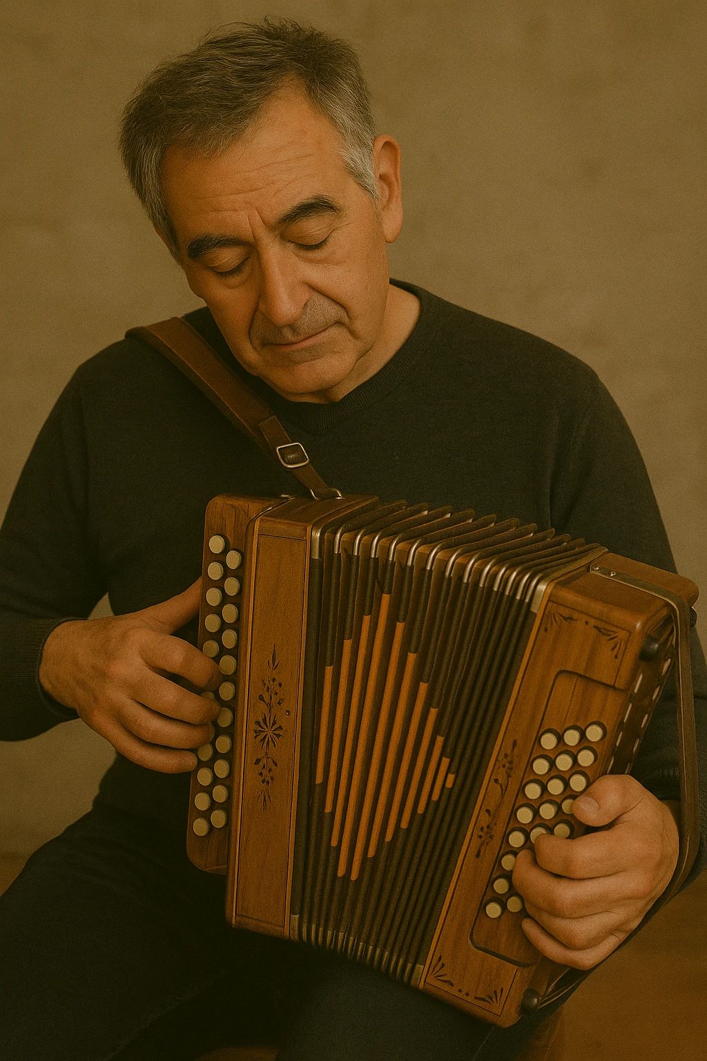 Músico mayor tocando un acordeón de madera en un espacio cultural